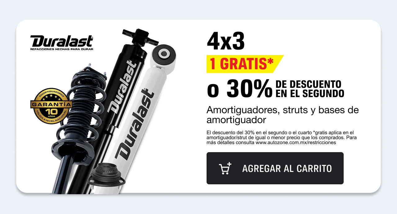 4x3 1 Gratis o 30% de descuento en el segundo en amortiguadores, struts y bases de amortiguador.