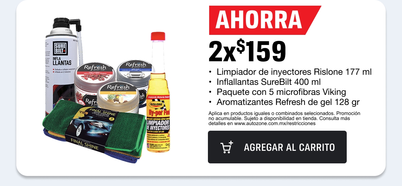 Ahorra 2x$159 en limpiador de inyectores Rislone 177ml, inflallantas SureBilt 400ml, paquete con 5 microfibras Viking y aromatizantes refresh de gel 128gr