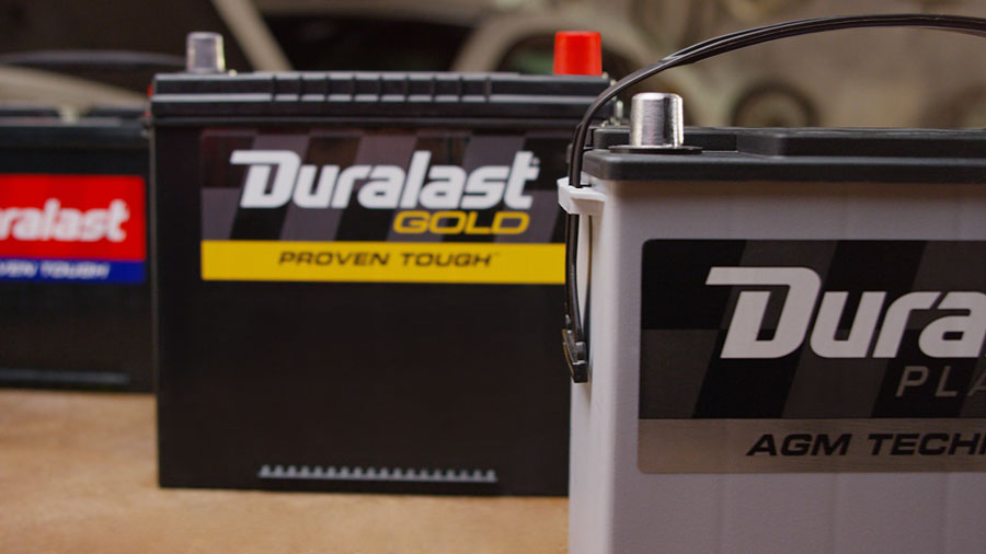 Duralast batteries in a line at the shop.