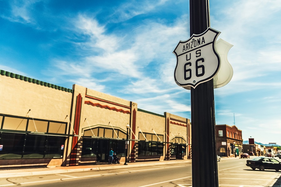 US road 66 street sign in Williams, Arizona.