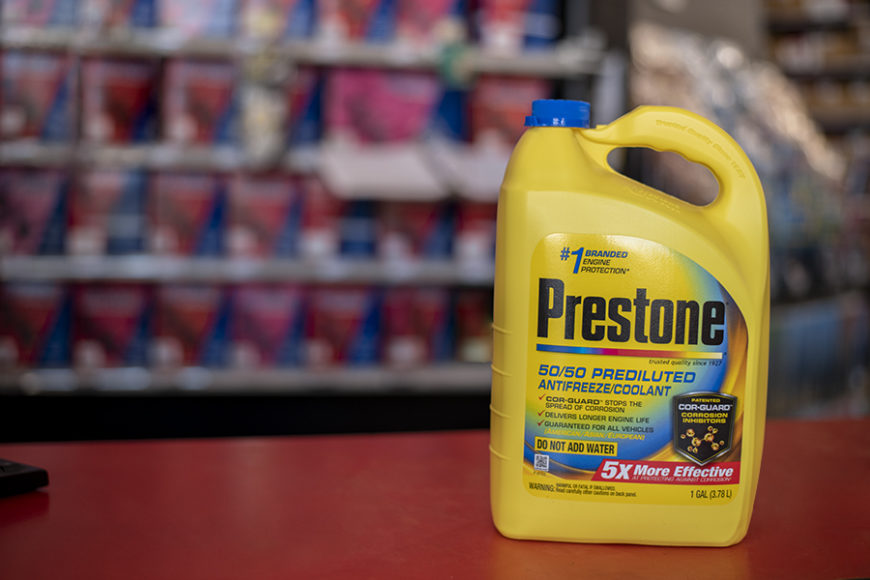 Prestone antifreeze on the AutoZone parts counter