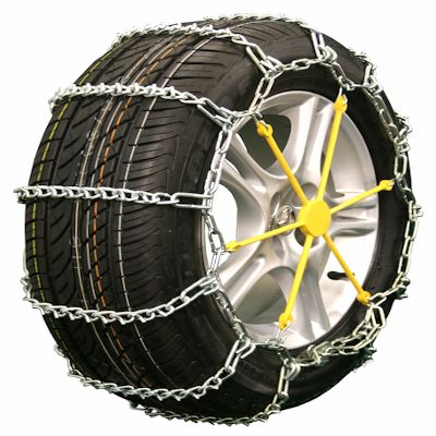 product image of a tire and rim in snow chains