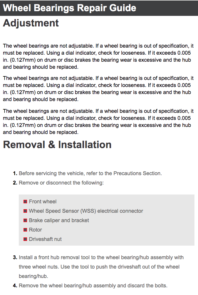 Century, Grand Prix, Impala, Intrigue, Lumina, Monte Carlo, Regal 2001-2005 Wheel Bearings Repair Guide Adjustment Removal and Installation