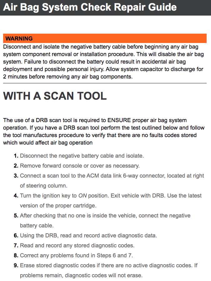 Chrysler Caravan, Voyager, Town and Country 1984-1995 Air Bag System Check Repair Guide with a Scan Tool Without a Scan Tool