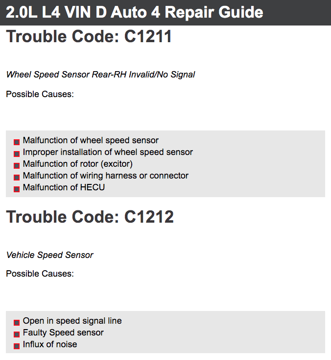 Hyundai Elantra and Sedans 2006-2008 2.0L L4 VIN D Auto 4 Repair Guide Trouble Code: C1211 Trouble Code: C1212