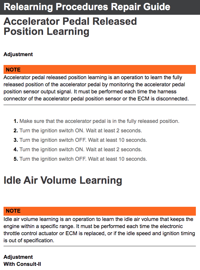Nissan Frontier, Xterra 1998-05 Relearning Procedures Repair Guide Accelerator Pedal Released Position Learning Idle Air Volume Learning