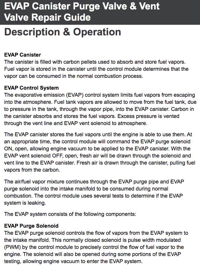 S&T Series Blazer, Bravada, Envoy, Jimmy, Rainier, Trailblazer, Xtreme EVAP Canister Purge Valve & Vent Valve Repair Guide Description and Operation