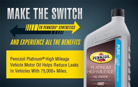 Make the switch to Pennzoil Synthetics and experience all the benefits. Pennzoil Platinum High Mileage Vehicle motor oil helps reduce leaks in vehicles with 75,000+ miles.